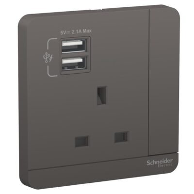 Schneider AvatarOn 2 USB charger switched socket 3P 13A Dark Grey E8315USB